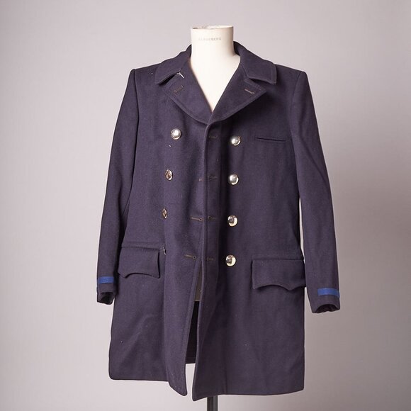 1960s Wool Uniform Pea Coat Gold Buttons and Blue Stripe Sleeve - Picture 4 of 13